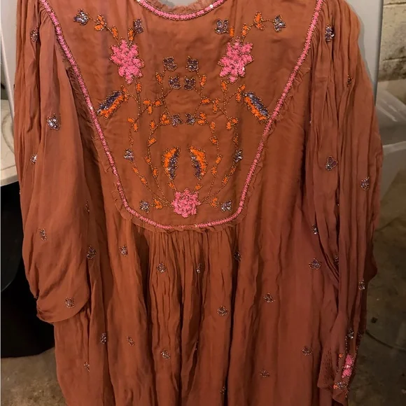 Free People Rust Orange Mini Dress with Pink Embroidery - Picture 3 of 3